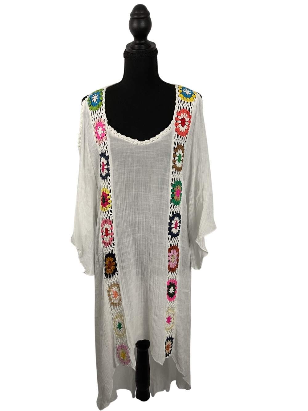 White Crochet Trim High-Low Maxi Dress Multicolor Batwing Sleeves Beach Boho